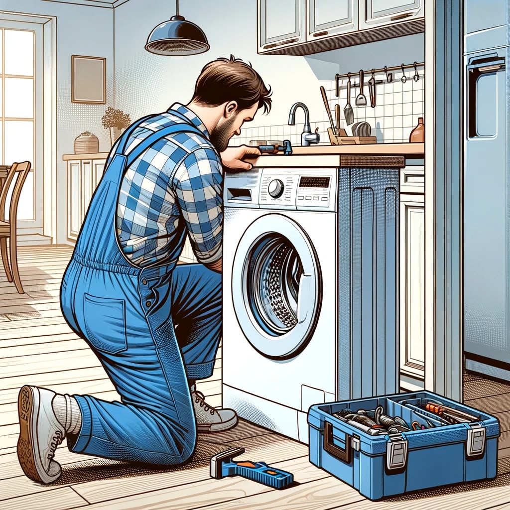 Мужчина в клетчатой рубашке и синем рабочем комбинезоне ремонтирует стиральную машину в домашней кухне. Он склонился над машиной и кажется сосредоточенным на её внутренностях. Рядом на полу открыт синий инструментальный ящик, из которого видны различные инструменты. Кухня обставлена в классическом стиле, с деревянной мебелью и светлыми тонами.