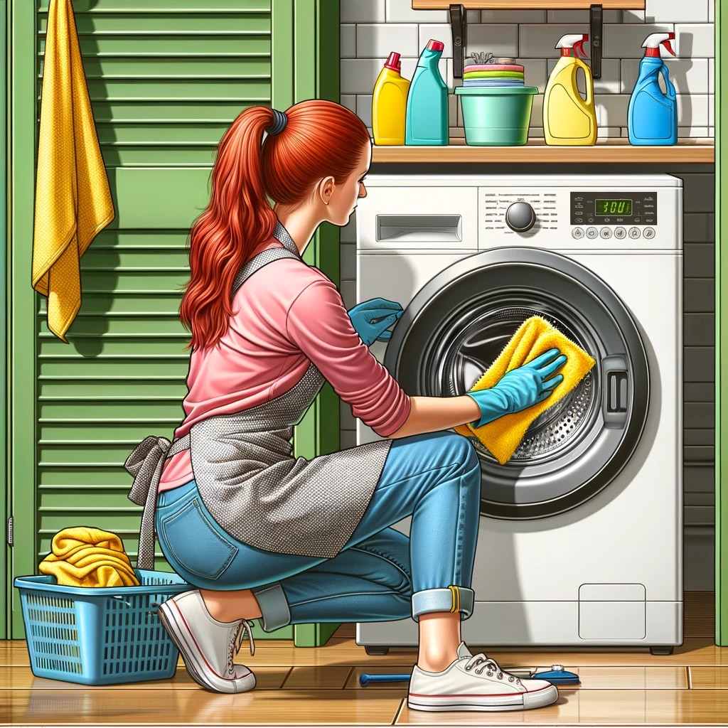 Женщина в резиновых перчатках протирает тряпкой дверцу стиральной машины в утилитарном помещении. Она носит розовую кофту, голубые джинсы и белые кеды, а её волосы собраны в хвост. На заднем плане расположены полки с чистящими средствами и яркой посудой, рядом с ней — корзина с жёлтым полотенцем.