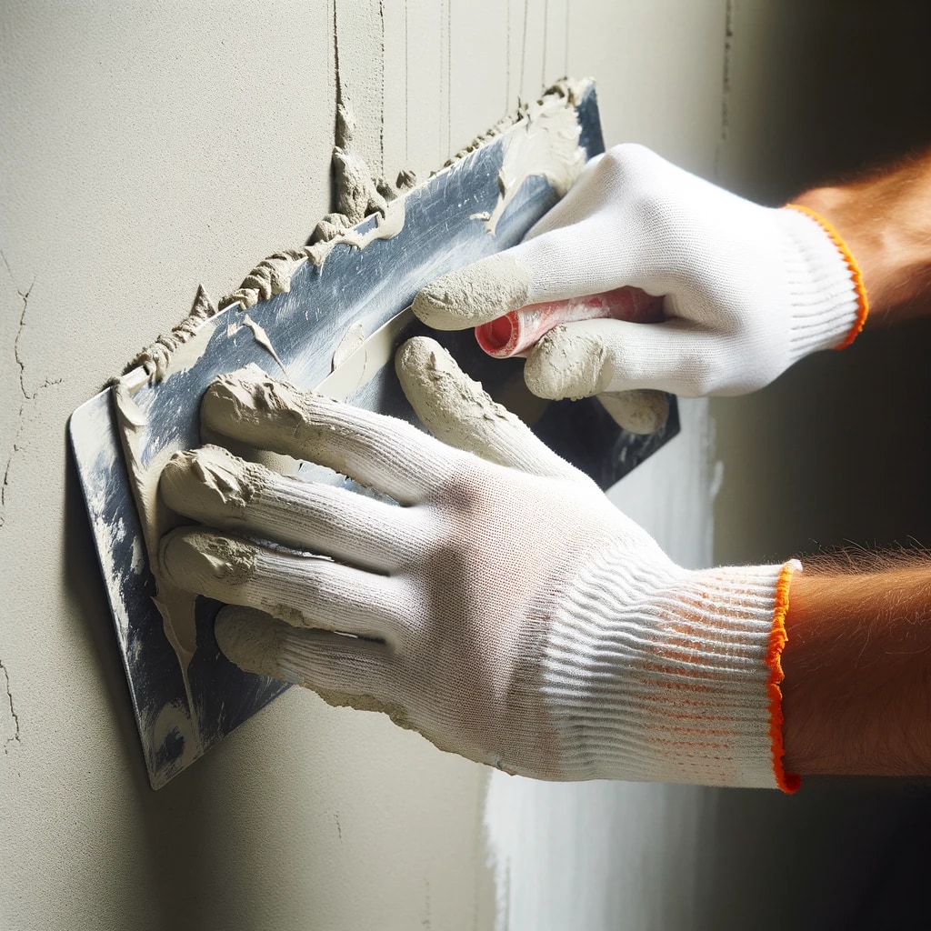 Руки рабочего в белых хлопчатобумажных перчатках с оранжевыми манжетами наносят белую штукатурку на стену с помощью металлической шпатели.