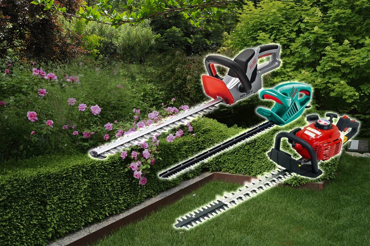 Цифровой коллаж, изображающий три разных модели садовых триммеров, всплывающих над ухоженной живой изгородью. В заднем плане расположены кусты роз. Изображение имеет элементы фотошопа, с триммерами, которые кажутся возвышенными над садом.