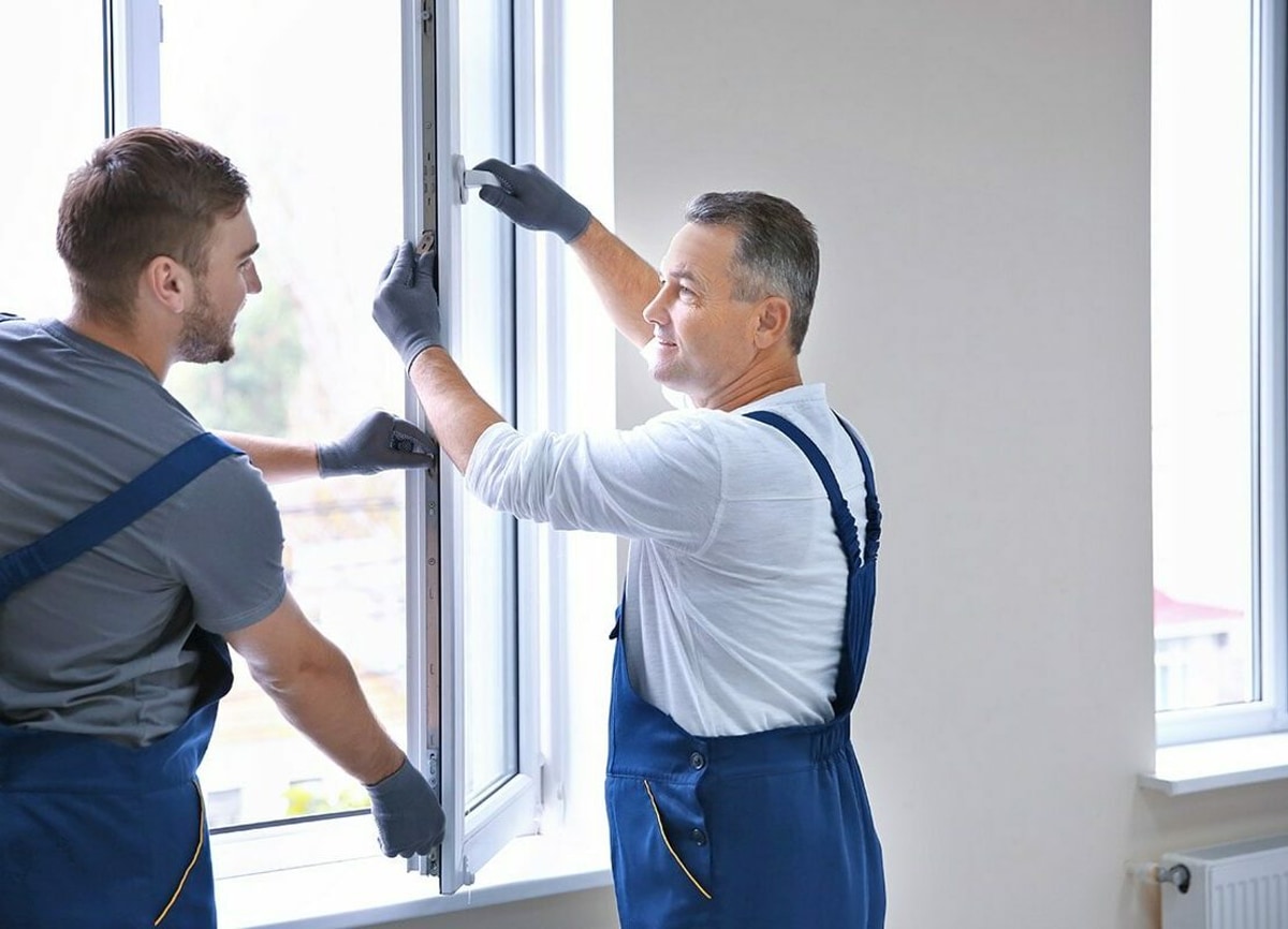Двоє чоловіків в уніформі, які встановлюють вікно.