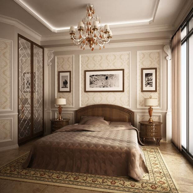 Акцентные элементы в бежевой спальне выражаются в виде мягких коричневых и светло-белых оттенках