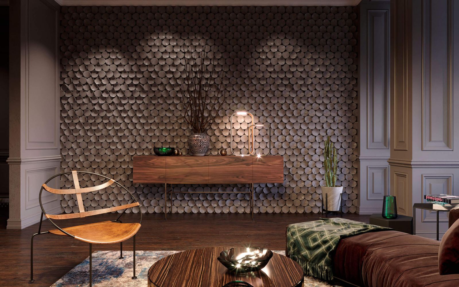  Акцент в интерьере гостиной сделан на оригинальную стену украшенную декоративным панно из 3D-панелей