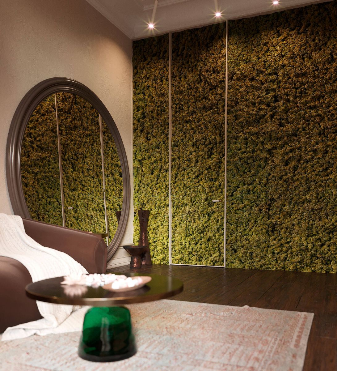 Стена комнаты покрыта натуральным мхом приятного зеленого цвета, дающего ощущение единения с природой.