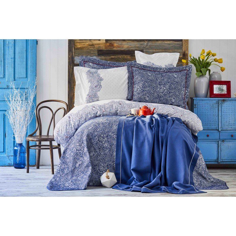 Комплект постельного белья с покрывалом + плед Karaca Home - Simi mavi 2018-2 голубой евро