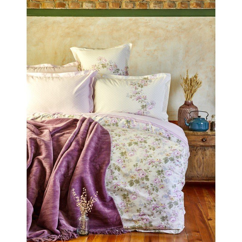 Комплект постельного белья с пледом Karaca Home - Shale lila 2018-1 лиловый евро