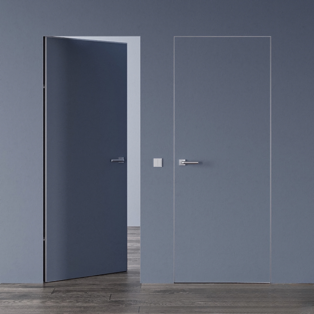 Межкомнатные двери скрытого монтажа под покраску • Smart Invisible с алюминиевым серым торцом внутреннее открывание