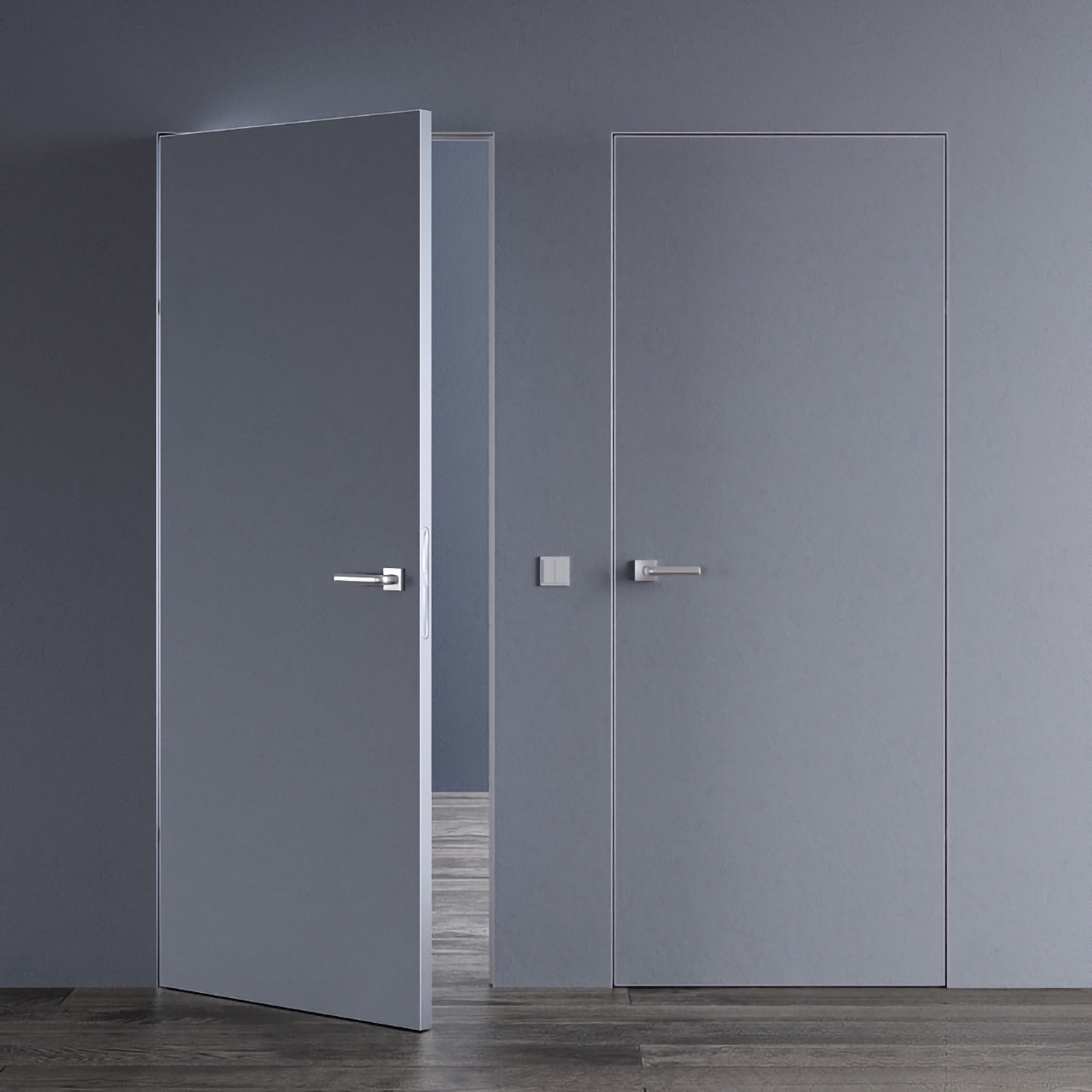 Скрытые межкомнатные двери под покраску • Smart Invisible с алюминиевым серым торцом
