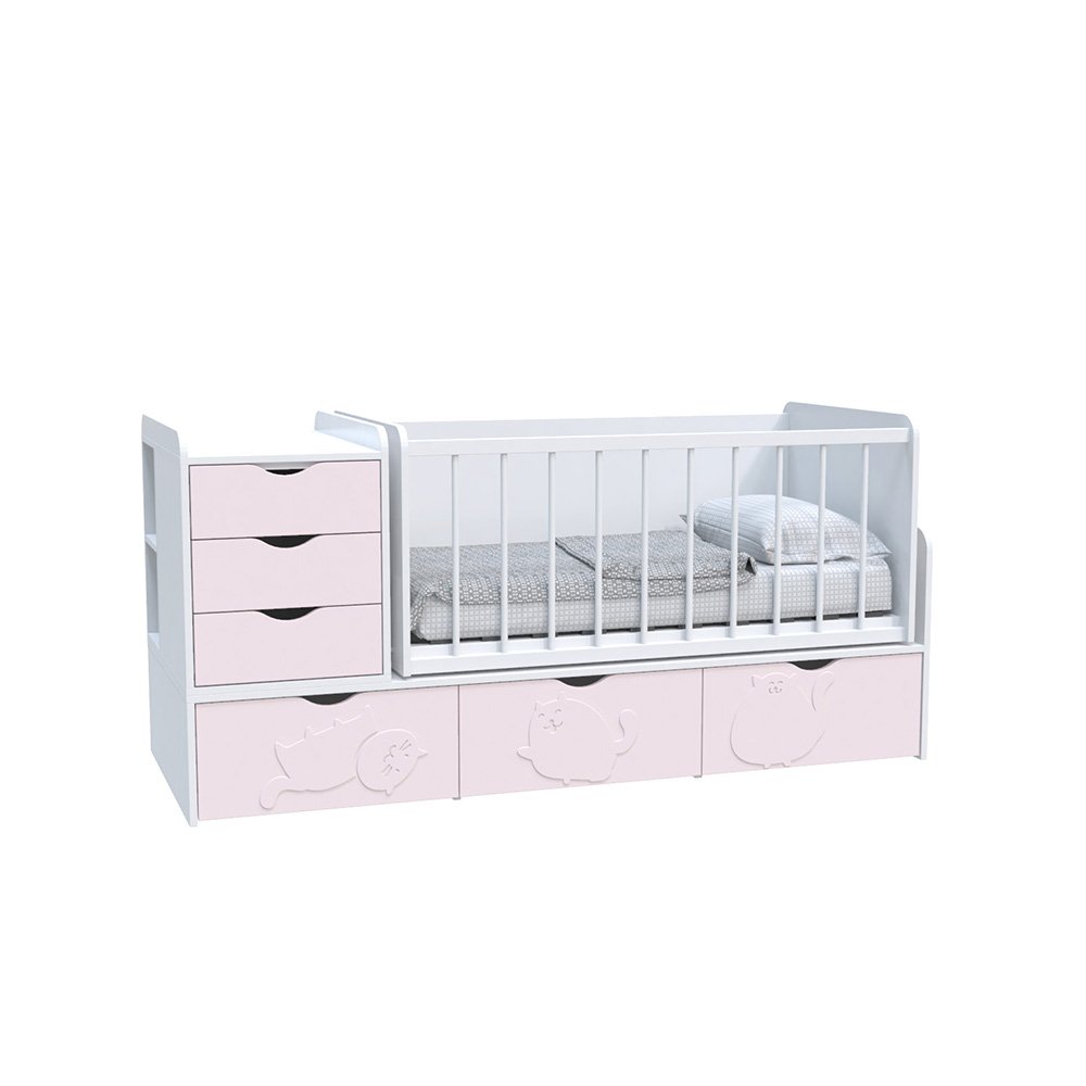 Кровать детская - Трансформер 3в1 Binky ДС504A Аляска / Розовый (решётка Белая)