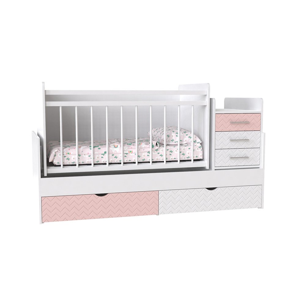 Кровать детская - Трансформер 3в1 Binky ДС039 Аляска / Розовый + Белый супермат (белая решётка)