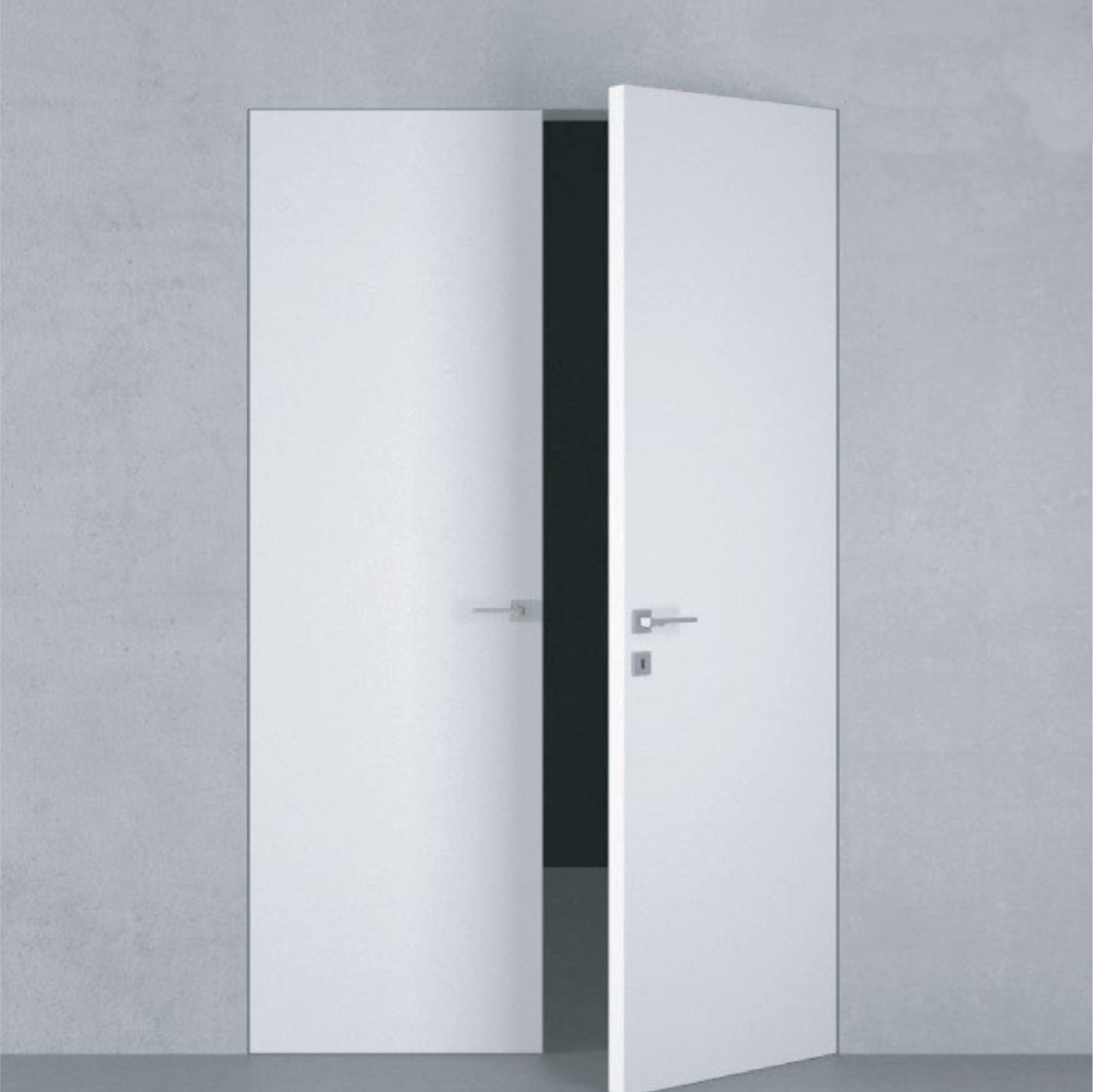 Двери скрытого монтажа в каталоге PORTES - две открытые белые двери со скрытыми петлями и современными ручками на фоне однотонной серой стены, создающие эстетику минимализма и современного дизайна.