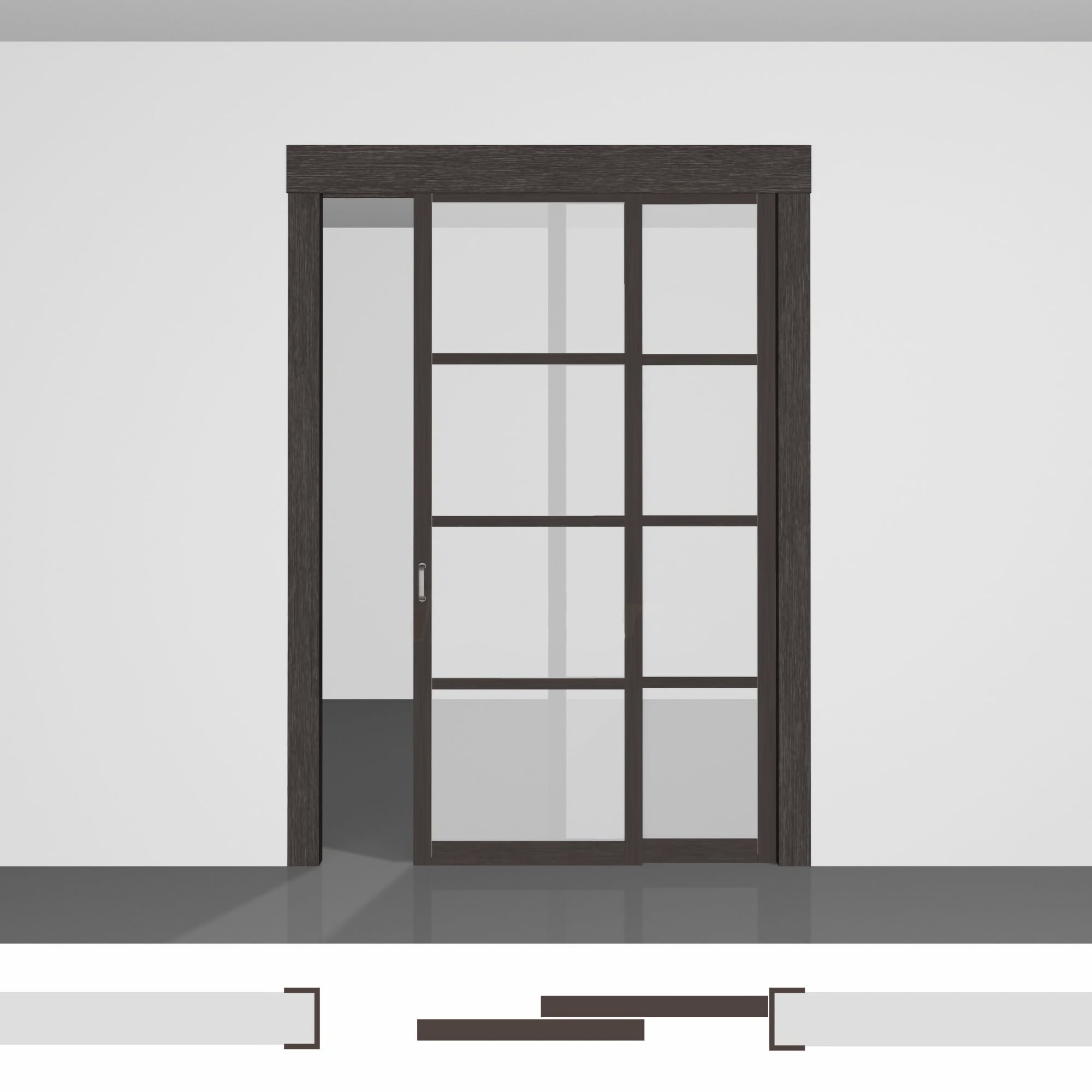 Розсувні скляні перегородки для зонування простору в квартирі, виготовлені за індивідуальними розмірами в Україні - P02.3 • два полотна в отворі • екошпон