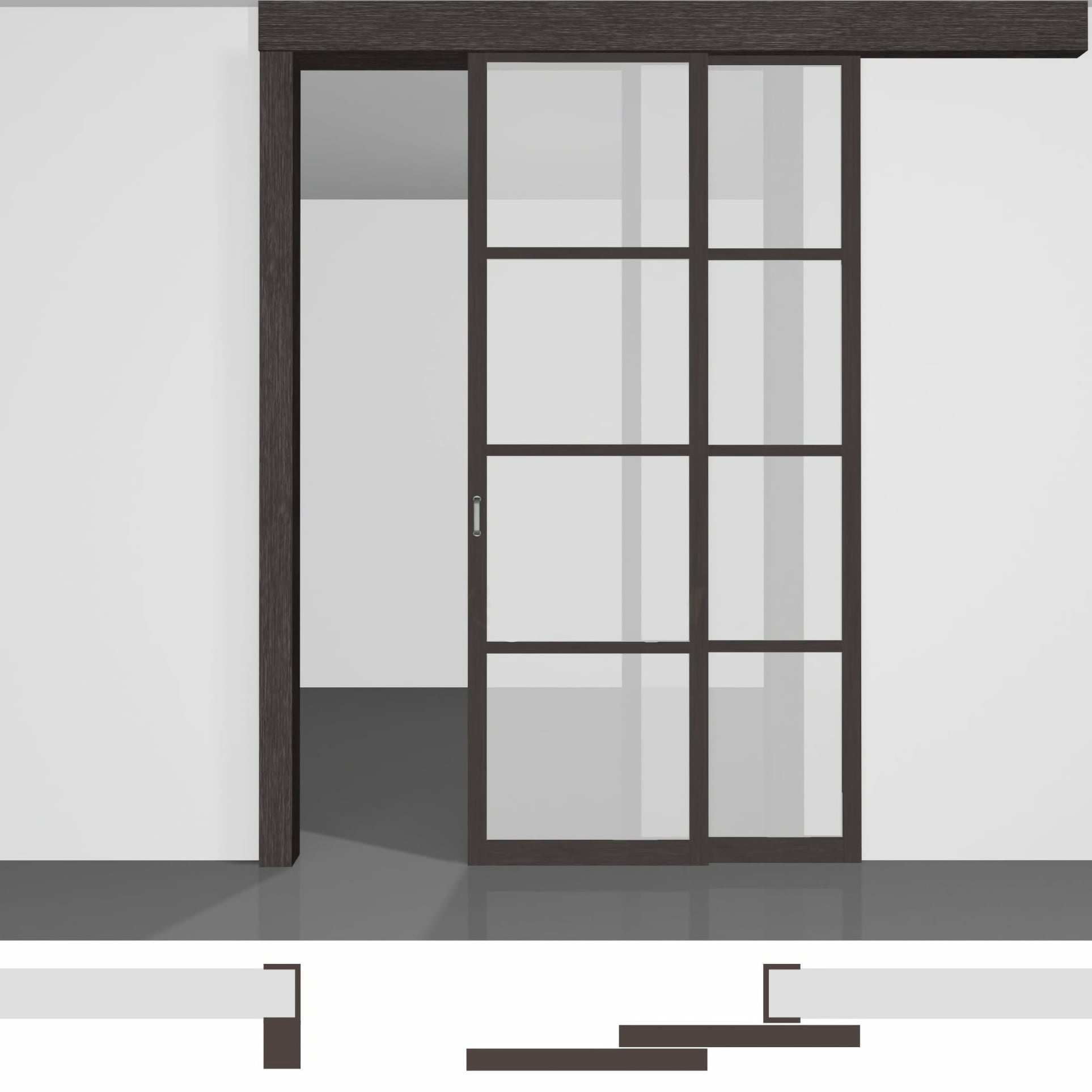 Скляні розсувні двері P02.1в • два полотна висотою до 2430 мм вздовж стіни • екошпон