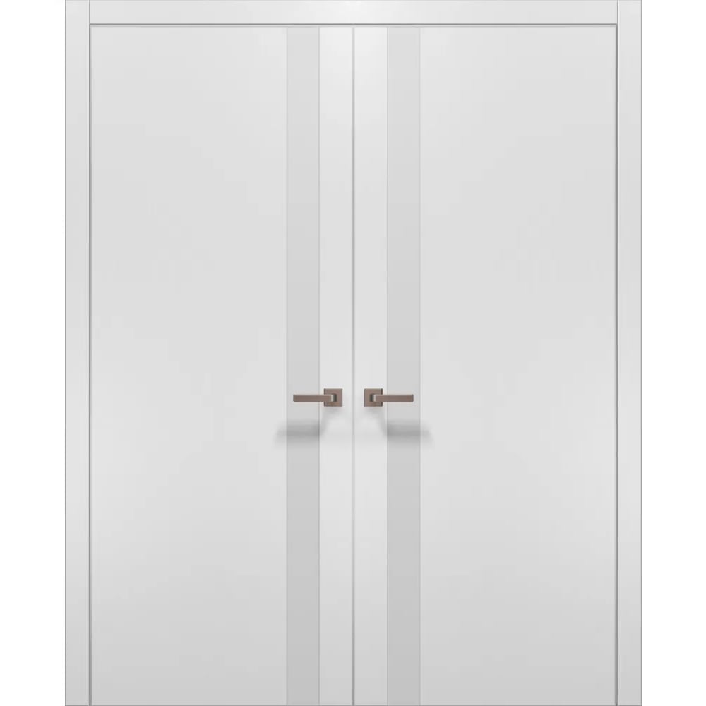 Двустворчатые межкомнатные двери Plato-04AL белый матовый алюминиевый торец